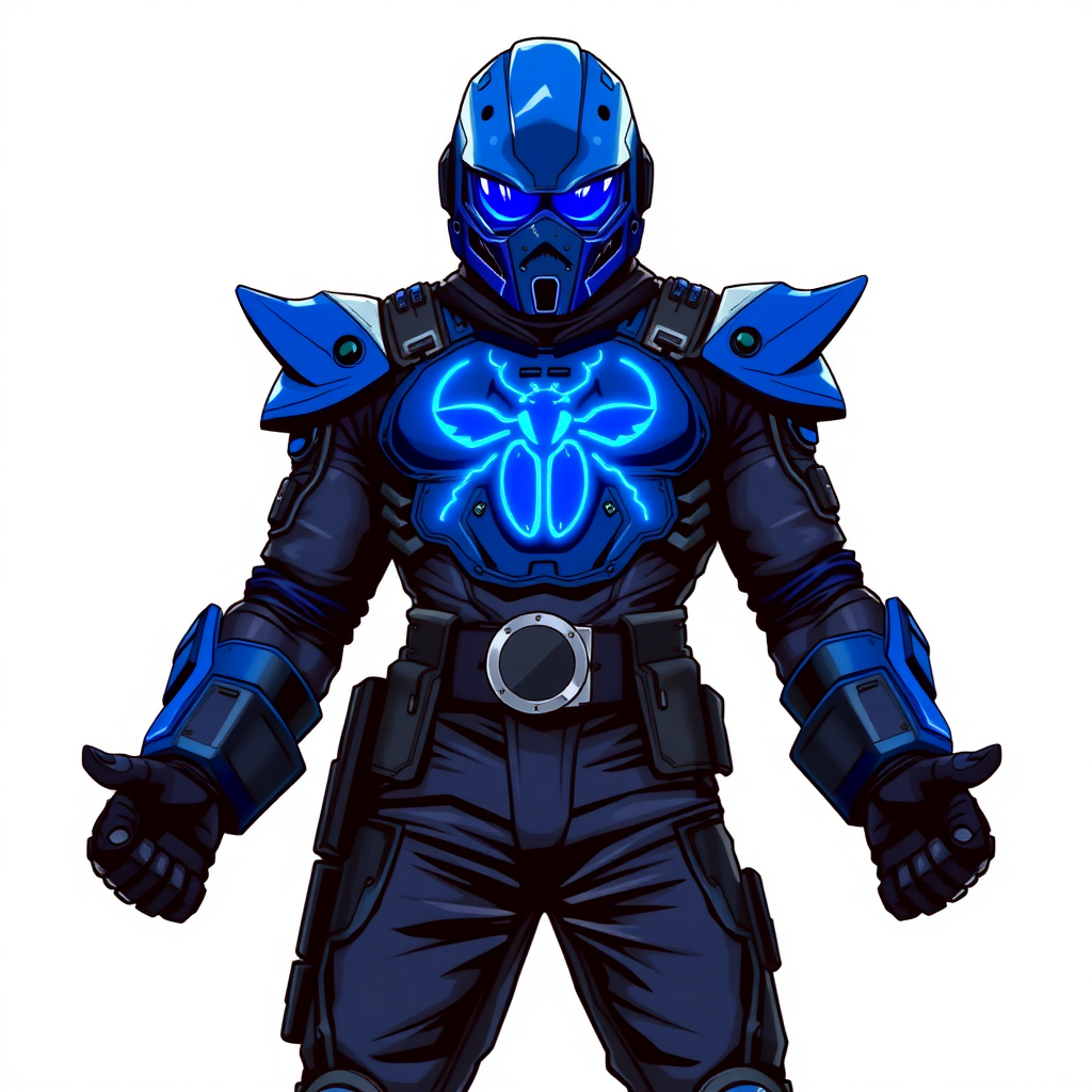 A 28-year-old cyberpunk vigilante stands heroically, clad in high-tech, maximum blue leather armor featuring a neon blue glowing beetle on the chest. They wear black biker pants, a black belt with a sapphire beetle buckle, and a head covering helmet resembling a sleek, tactical design, but colored maximum blue with neon blue glowing lenses. Their hands are protected by black metal gloves, all set against a solid white background. He is drawn as if he was in a retro 2D cyberpunk fighting game.