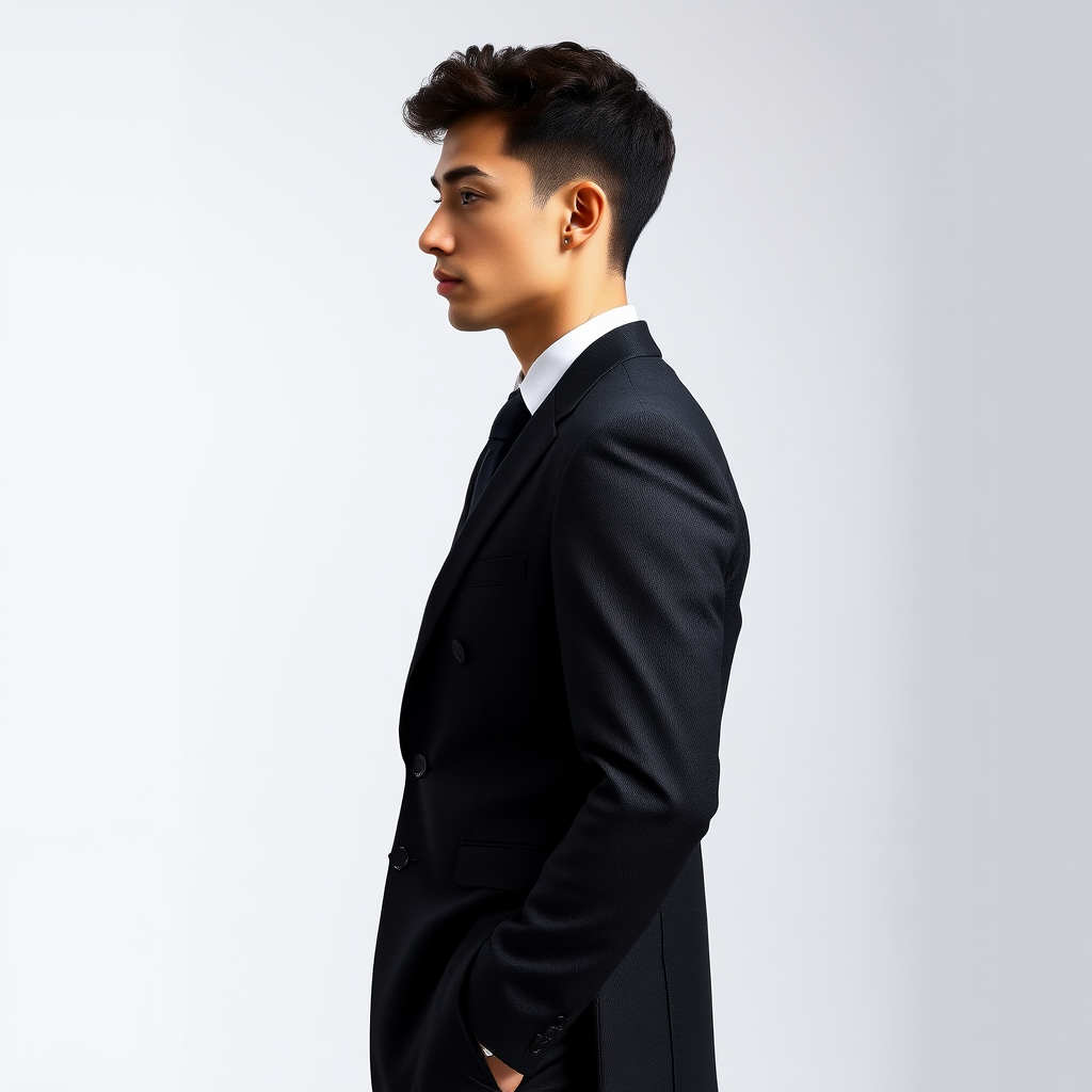 Tall male model in profile, dressed in an elegant suit, long trousers, patent leather shoes, very short fine curly hair, oval face, small nose, brown eyes, thin lips, normal attached ears, slight double chin, Mediterranean complexion, very thin brown eyebrows.