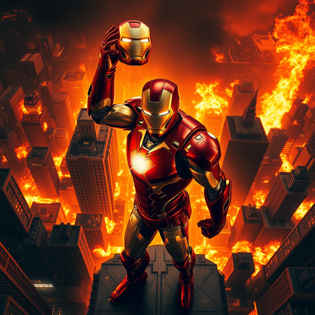 An electrifying, high-contrast shot of tonystark standing resolutely, Iron Man suit glistening, helmet raised, amidst a cityscape engulfed in flames, camera angle: sweeping bird's eye view from above, with intense warmth and sharp shadows to emphasize his heroic stance.