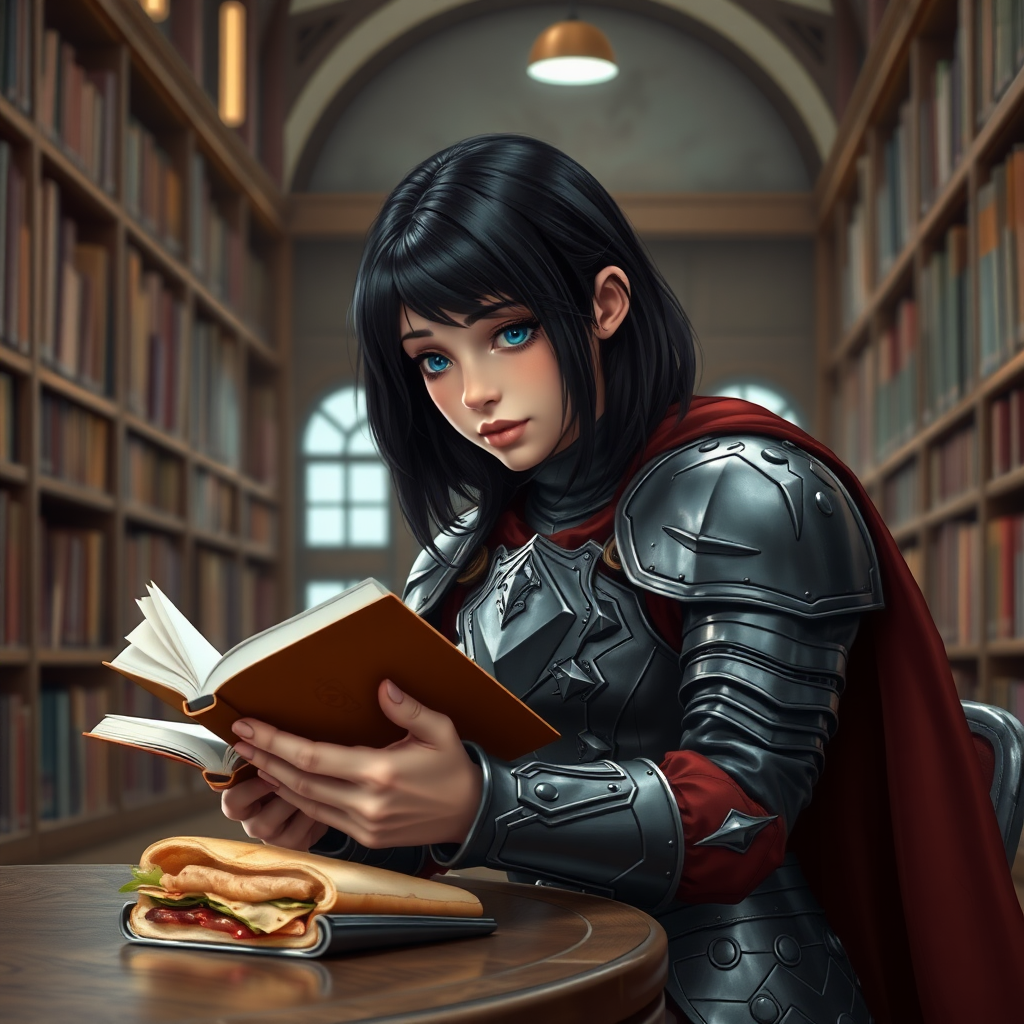 beautiful young woman, dark hair, past her shoulders, blue eyes, small, slim figure, wearing full leather armor suit, long cloak, reading a book at a table, with sandwich on the table, in a large school library.