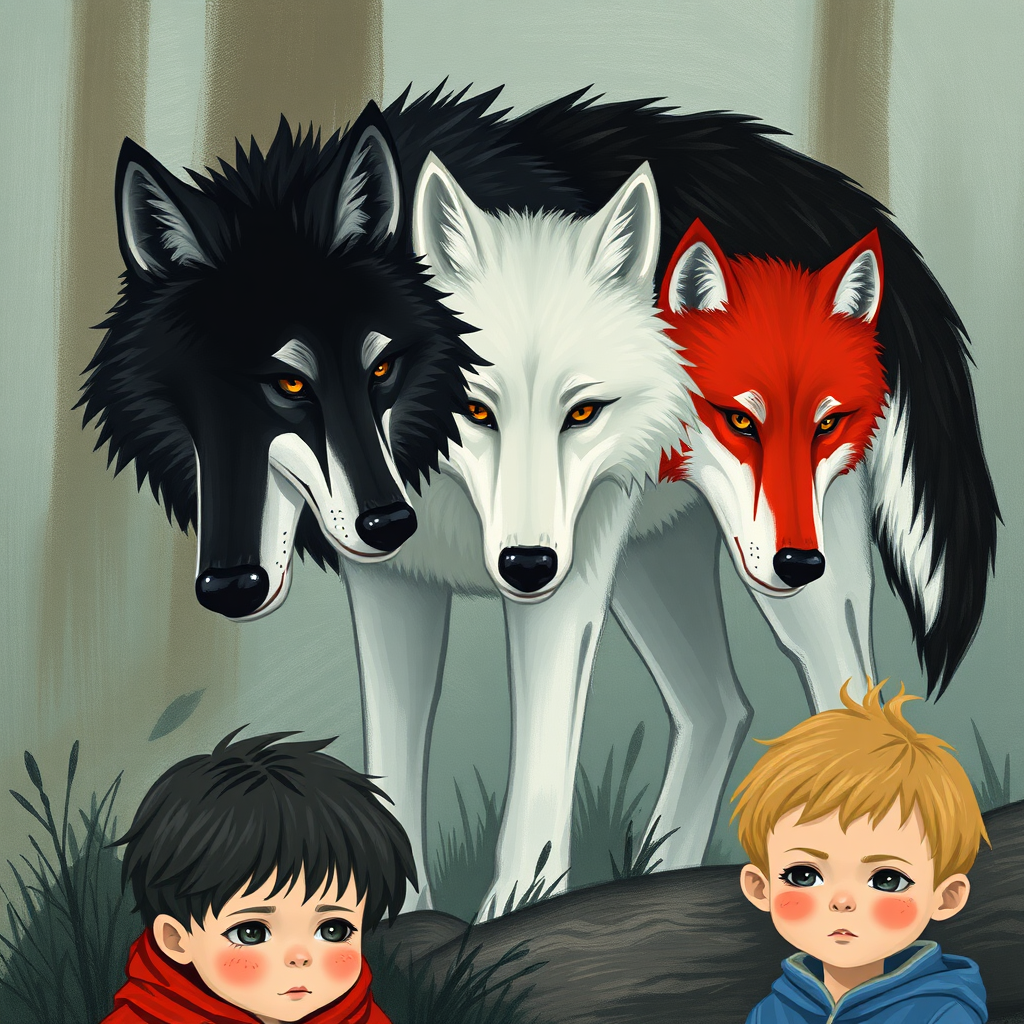 A black, white, and red wolf watches over children.