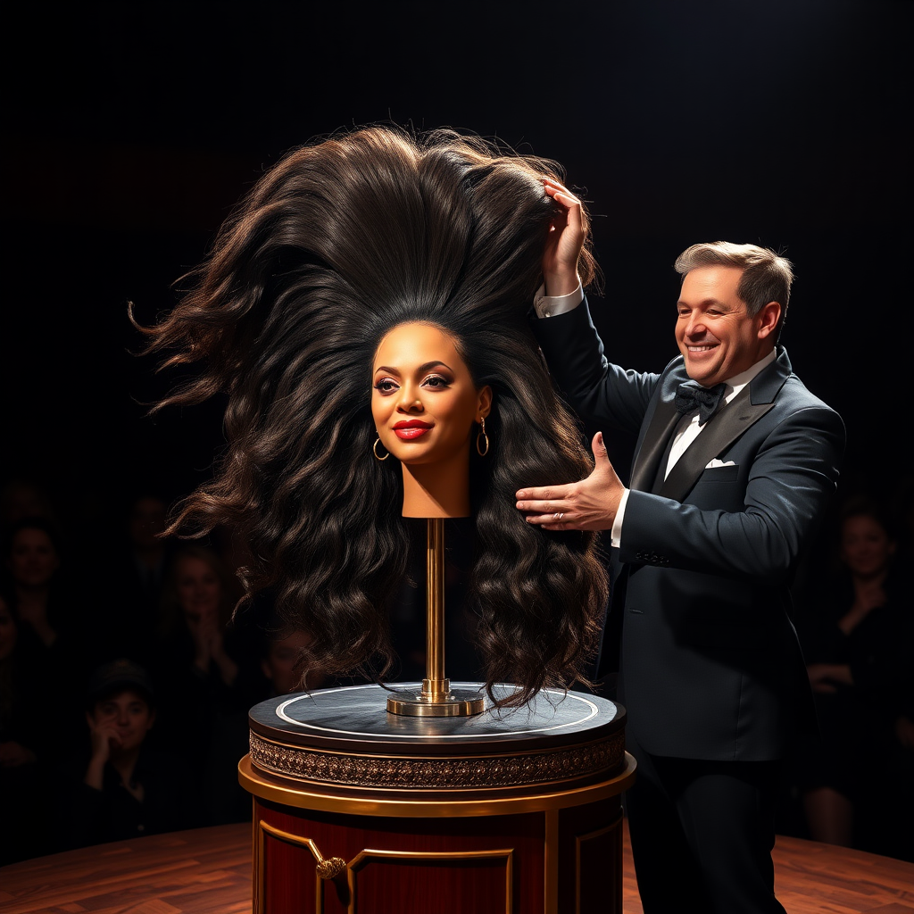 In a dimly lit theater, the atmosphere crackles with anticipation, the audience's murmurs a blend of curiosity and skepticism. On a grand, elegantly adorned display stand sits the disembodied head of the enchanting Beyoncé, her radiant skin glistening under the soft, warm glow of the spotlight. Her striking features are perfectly framed by cascading locks of lustrous, very long hair that shimmer with hues of deep ebony and hints of rich mahogany, reminiscent of polished silk.

Standing beside her is the magician, a charismatic figure in a sharp, tailored suit that glints with sequins in the light. With theatrical flair, he holds her voluminous hair aloft, fingers splayed wide, deftly spreading it out like a shimmering waterfall, mesmerizing the audience. The hair flows like liquid night, each strand capturing the light as it falls gracefully to the ground, creating a stunning, almost surreal contrast against the stark wooden stage.

The magician’s face is lit with a confident smile, his eyes sparkling with the thrill of the performance, as he engages the audience with playful banter. Their gasps and laughter echo throughout the room, a symphony of wonder and disbelief. The scent of polished wood and fresh popcorn wafts through the air, mingling with the underlying electricity of the moment. Time seems to stand still as the audience leans in, captivated by the spectacle, a seamless blend of illusion and artistry that promises to defy reason and ignite imagination.