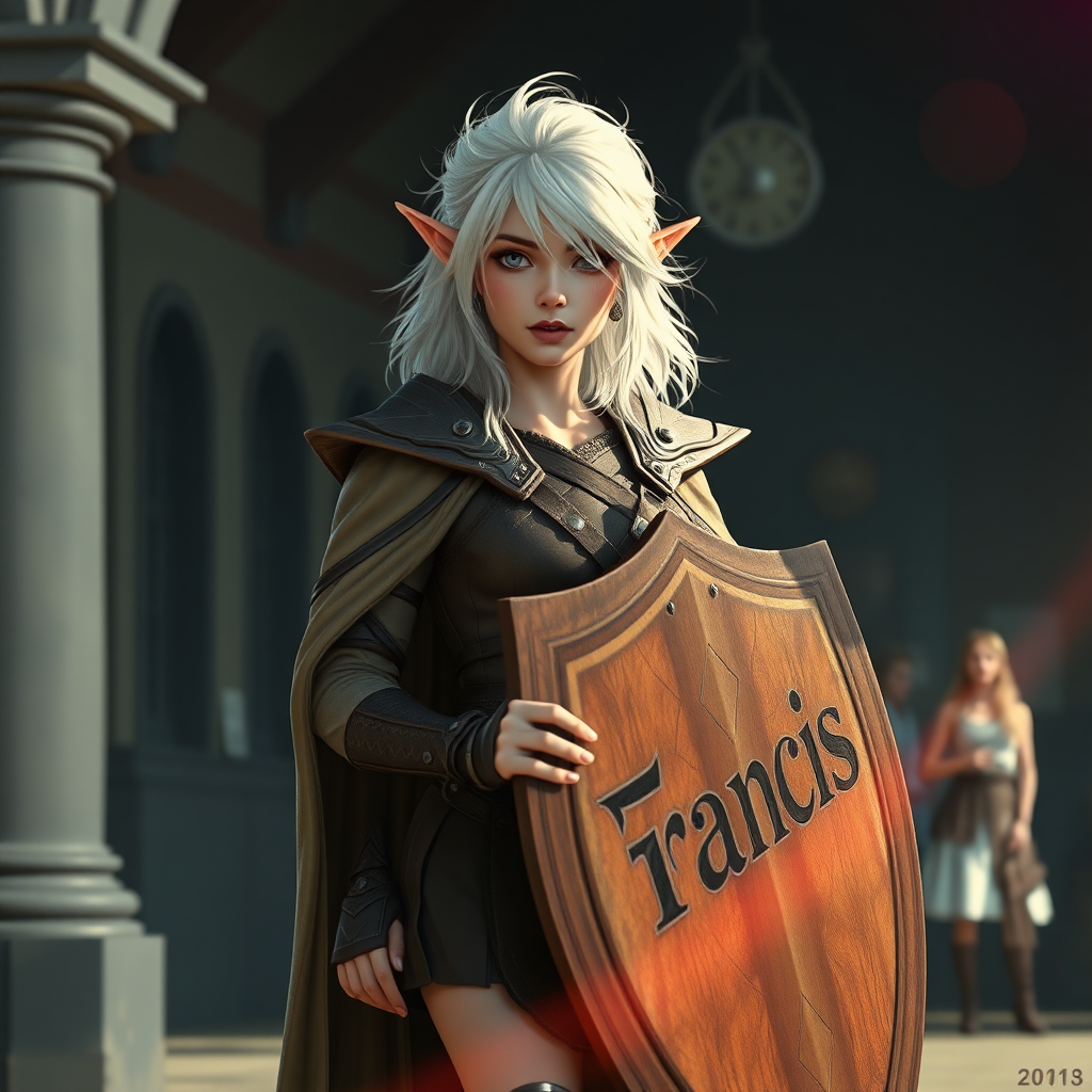 A twenty-something elf girl like (Ana de Armas). Messy shoulder-length white hair. Wide triangular shoulder pads, flowing cloak, leather armor, shield, skirt, high heel ankle boots. She is at a school, holding a sign that says "Francis". WLOP style. Photorealistic digital matte painting, highly detailed, film grain, lens flare, chromatic aberration.