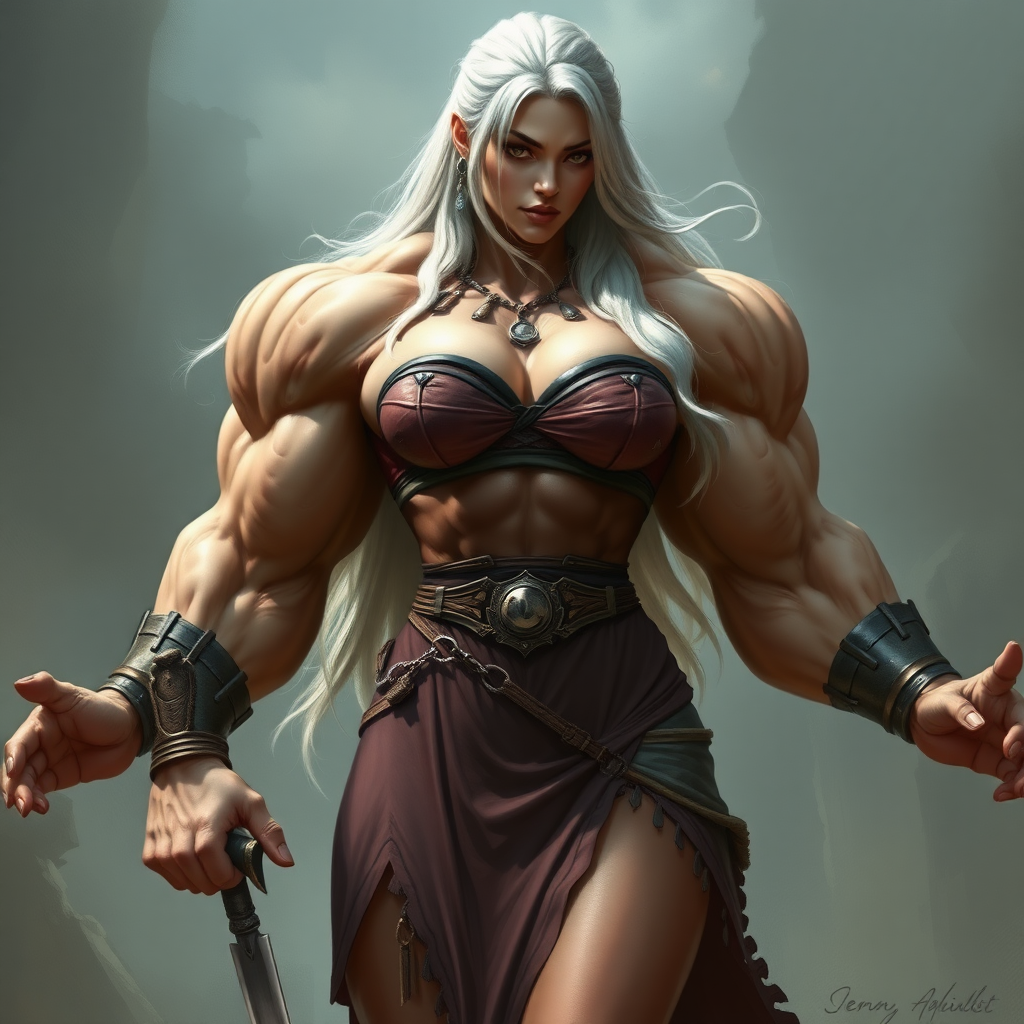 massive huge muscular jacked strong bodybuilder girl, strapless dress, warrior princess, white hair