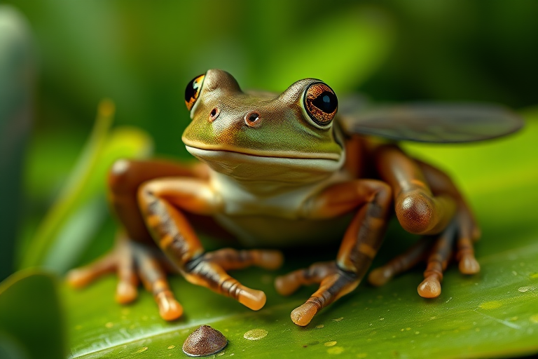 Create a full-length photorealistic image of a frog modeled after the framework and silhouette of a horsefly, ensuring the frog's head remains intact complete with distinct facial features. Retain the frog's smooth skin texture alongside soft, fur-like details representing the horsefly's characteristics. For the background, blend elements from both the frog's natural habitat and the horsefly's environment, incorporating lush greenery and vibrant colors to evoke the essence of each creature. The scene should harmonize these diverse attributes, showcasing a unique fusion of the two animals.