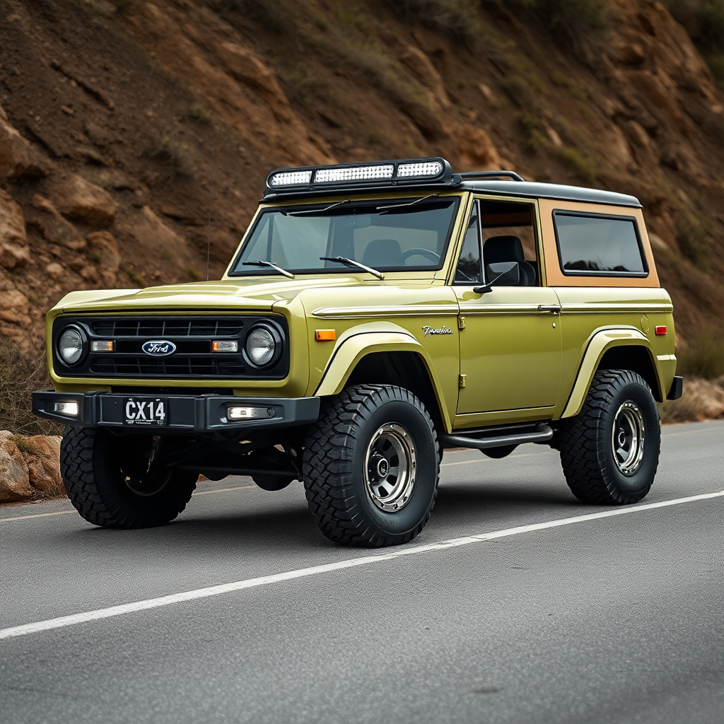 concept ford bronco the 4x4 car is parked on the side of the road, inspired by Taiyō Matsumoto, tumblr, restomod, nd4, c4