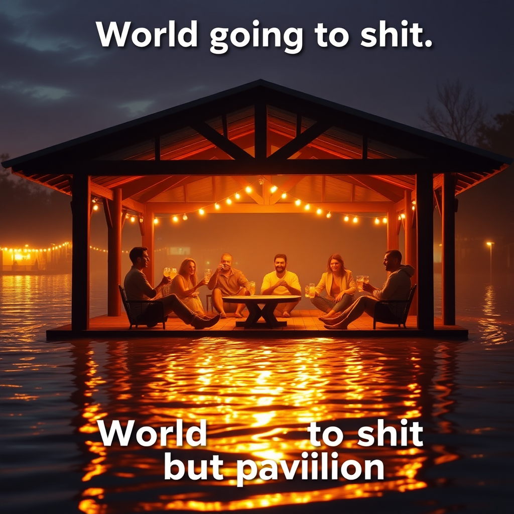 Create an image of a pavilion in a flooded environment and people comically partying on it drinking beer while the world is completely overflooded. Focus on the humorous contrast of the situation. Include the text "World going to shit" at the top and the bottom part should have the text "but pavilion". Make the image the central part of the image with warm glowing colors. Make it so the people's expressions on their faces are visible.