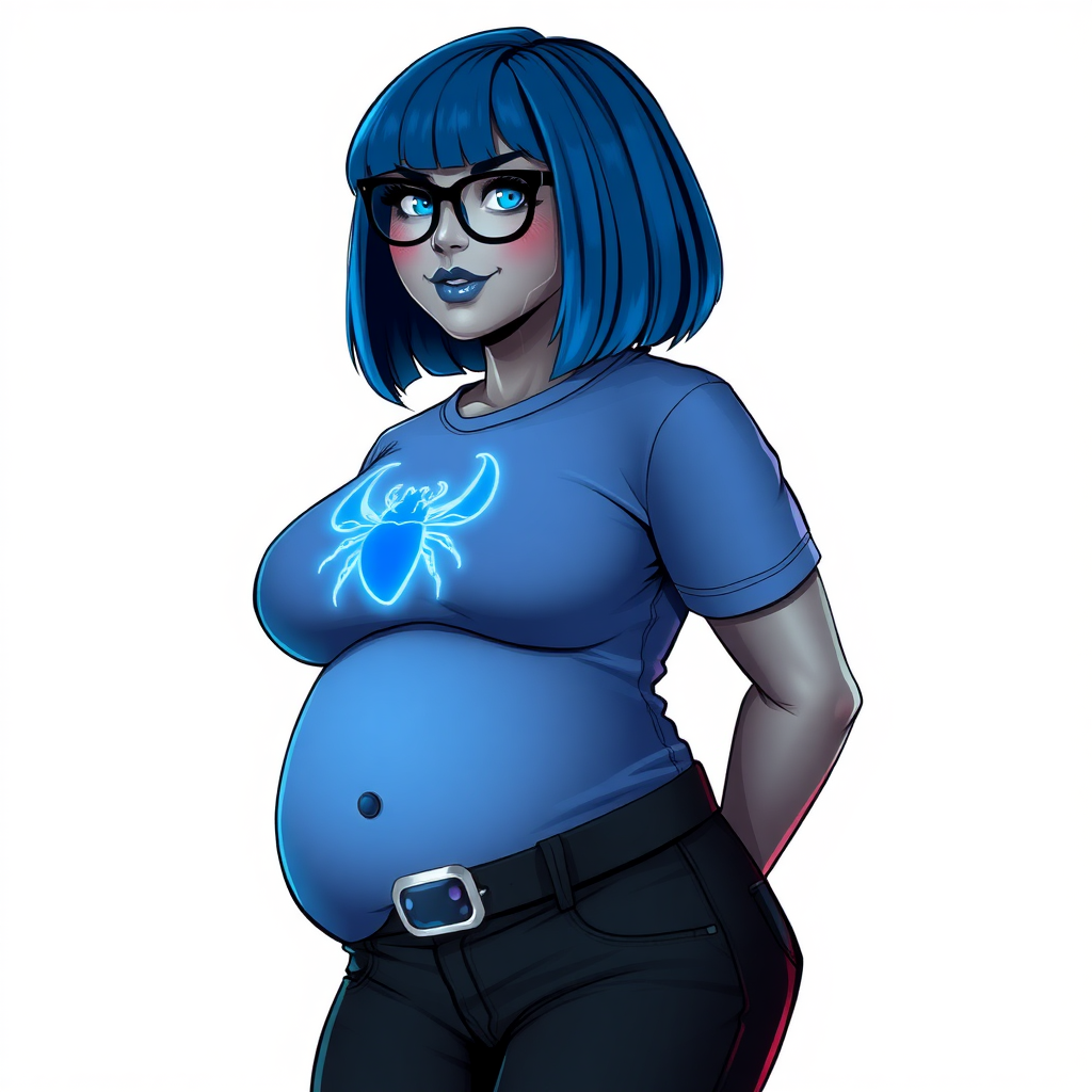 A 28-year-old, full-figured, metallic middle gray skinned computer program hybrid with a maximum blue bob cut. She has a non-athletic build, highlighted by a prominent, round midsection (with a focus on her belly). As a digital sidekick, computer hacker, and nerdy girlfriend to her cyberpunk vigilante boyfriend, her middle gray metallic skin and maximum blue lipstick emphasize her digital nature. She wears a tight-fitting, maximum blue t-shirt (accentuating her belly) with a neon blue glowing chest icon of a beetle, black pants, a black belt with a sapphire scarab buckle, and black gloves. Her bright blue eyes, black eyeglasses, and lovestruck smile with neon red blush accentuate her nerdiness. She stands bashfully with her hands behind her back, her t-shirt covering her midsection (especially her belly) and emphasizing her full-figured, non-athletic physique. She is on a solid white background. She is drawn as if she was in a retro 2D cyberpunk fighting game. She is clearly non-athletic, with a focus on her full-figured physique. Ensure her t-shirt covers her midsection (especially her round belly).