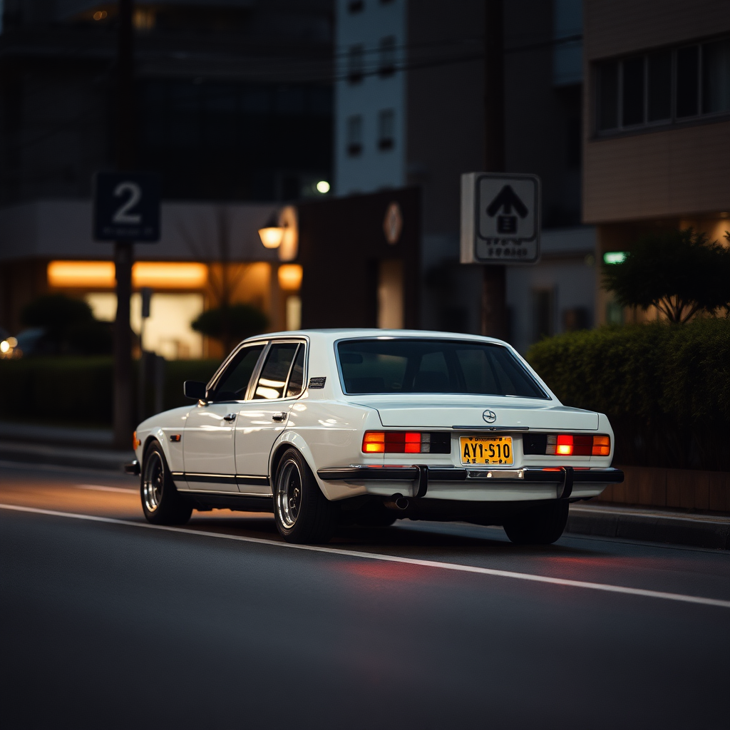 the car is parked on the side of the road, inspired by Taiyō Matsumoto, tumblr, restomod, nd4, c4 a white car is driving down the street, a picture, unsplash, shin hanga, 70's, looking regal and classic, fuji lut, poorly lit, mazoku, devils, lada, lowres, iso 500, backlighted, foam, vehicle photography, frank fanzzeta, 1 2 k, japanese, single light, basic, italian masterpiece