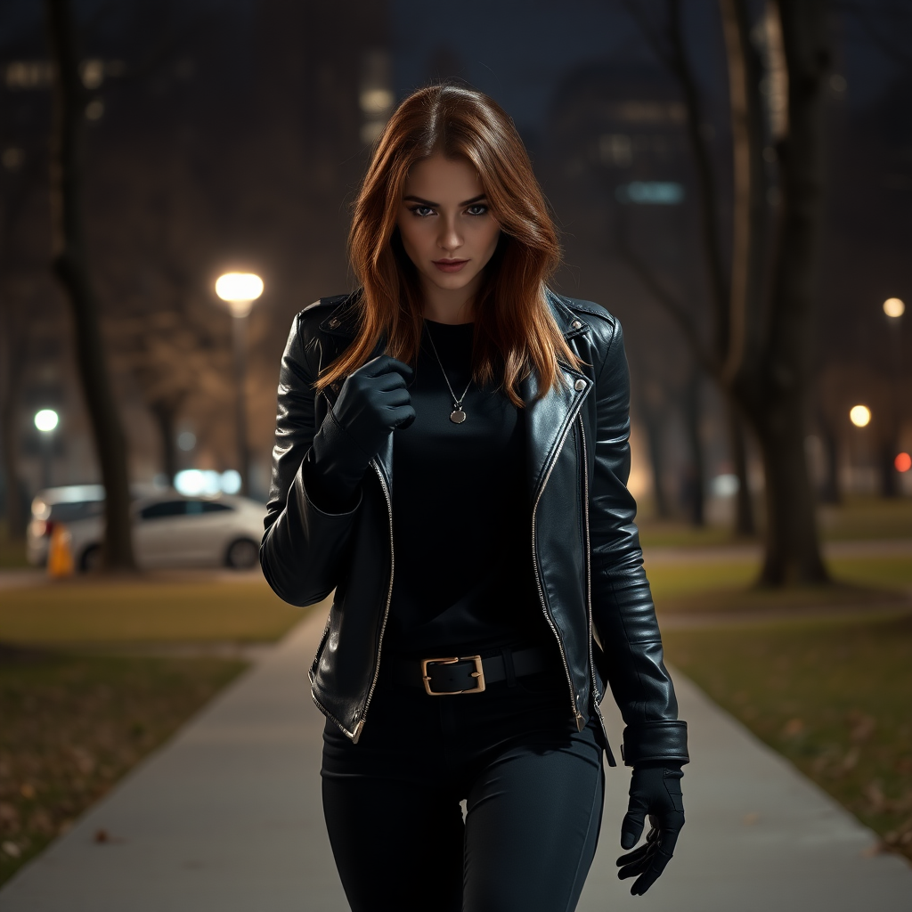 A beautiful brunette badass female burglar in black leather jacket over black t-shirt with black pants and gloves in Manhattan park at night.