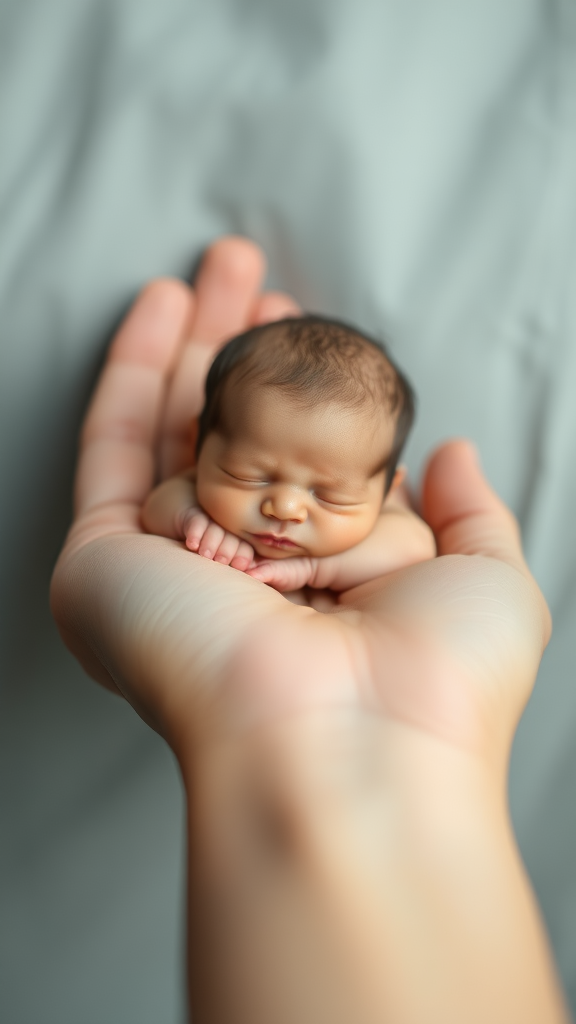 A cute mini little tiny miniature baby sleeping on hand