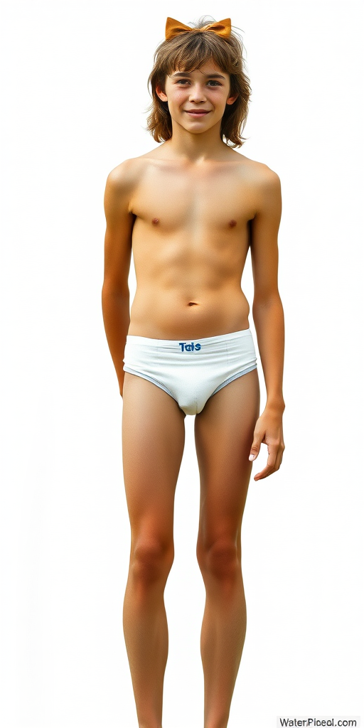 A tall skinny 15yo teen boy, long hairs bow cut, wearing speedo, long legs, narrow thighs. full-length view. 1970s. photorealistic, ultra high resolution, 16K, Negative: grainy, blurry, bad anatomy, extra limbs, watermark.