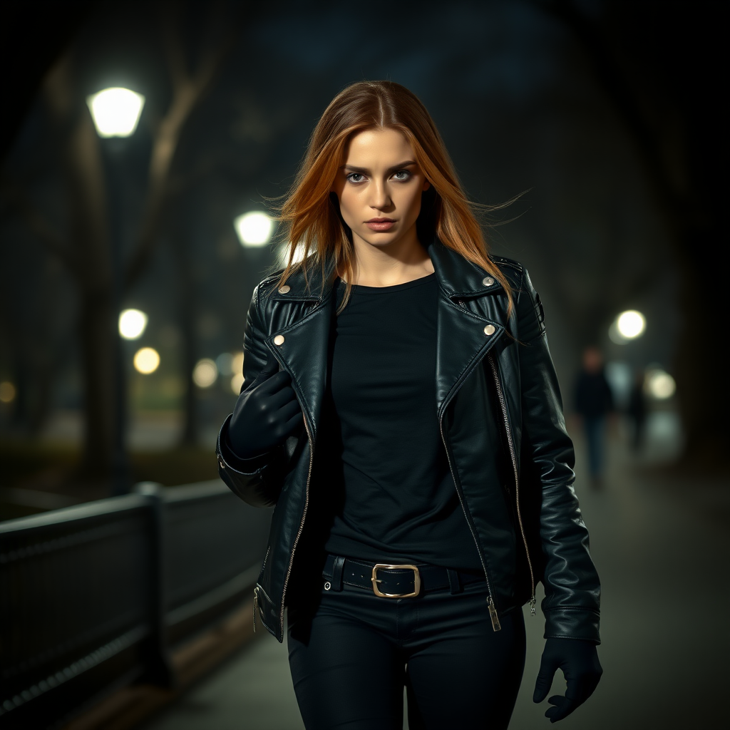 A beautiful angry female burglar in black leather jacket over black t-shirt with black pants and gloves walking in Manhattan park at night.