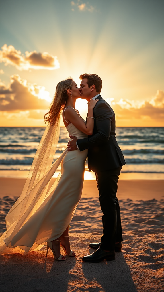 In the background, Nicole Kidman and Tom Cruise dressed elegantly, she in high heels and he in patent leather shoes, he passionately kisses the bride, in the background the sea with a beautiful beach, sunset sky with sun rays amidst clouds. ultra high definition 16K