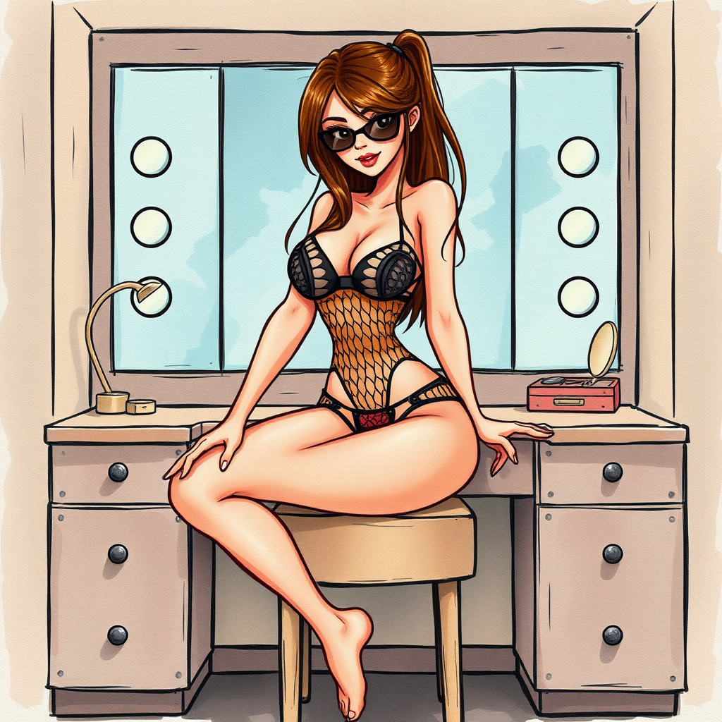 digital watercolor painting illustration with realistic paper texture, depicting western cartoon style sexy cartoon girl in revealing micro mesh bikini gstring thong sitting on built in vanity with her legs open