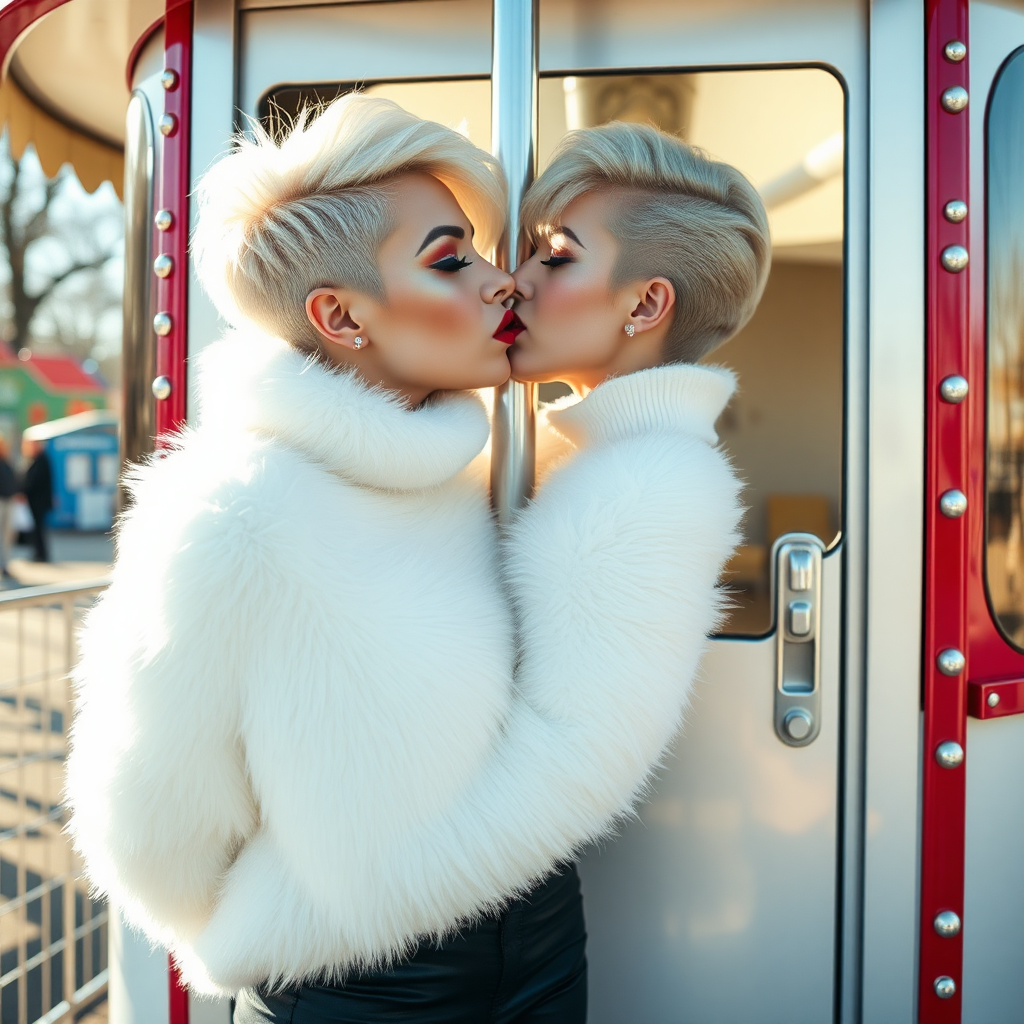 Amusement park “kissing booth”, sunny spring Sunday morning. Sam, 19 years old beautiful involuntary femboy, rebellious intractable character, petite boyish figure, platinum blond boyish rebel punk hairstyle, flawless heavily made-up face with sharp arched tattooed eyebrows, very enlarged red glossy lips, wearing Supertanya-style fluffy very fuzzy bright white angora thigh-length turtleneck-poncho fully covering body and arms, silver-glitter leggings, black leather high-heeled pumps, silver earrings, both hands tied to pole behind back, standing inside kissing booth, waiting for next customer to kiss. Focus on Sam’s face and turtleneck-poncho.