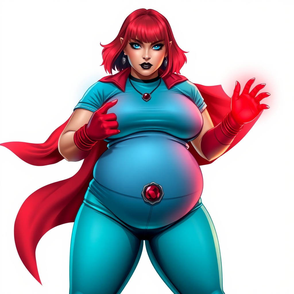 A 26-year-old, full-figured, mystical vigilante detective becomes the heavily pampered mystical ally of her cyberpunk vigilante older brother figure. She has a bright red bob cut, black lipstick, and piercing bright blue eyes. She has a new non-athletic build, now highlighted by a prominent, round, gargantuan midsection (fully focused on her gargantuan belly), which shows the aftermath of her new pampered lifestyle. Despite her pampered physique, she shows full confidence. She wears a biker suit consisting of a enormous, magical, tight-fitting, maximum turquoise t-shirt (accentuating and emphasizing her gargantuan belly) maximum turquoise biker pants, complemented by a glowing neon red cape, a mystical ruby amulet (which is the source of her mystical powers), and magical red gloves glowing neon red. Her stance is firm and resolute, arms crossed, exuding a no-nonsense attitude. Her costume reflects the influence of DC New 52 Prime Earth’s Phantom Lady, Jennifer Knight, while her pose embodies the moral ambiguity and determination reminiscent of DC’s Pax Americana’s The Question. She is on a solid white background. She is drawn as if she was in a retro 2D cyberpunk fighting game. She is clearly non-athletic, with a focus on her full-figured physique (especially her gargantuan belly). Make sure that her t-shirt covers all of her bare skin (especially her gargantuan midsection).