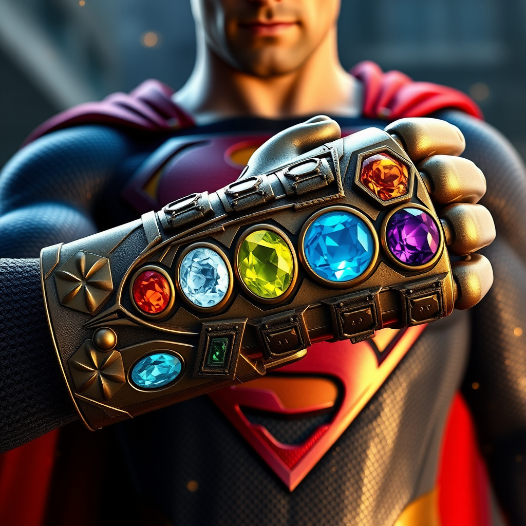 Superman wears the infinity gauntlet with 5 infinity stones. Cinematic Real3d photo-realistic quality.