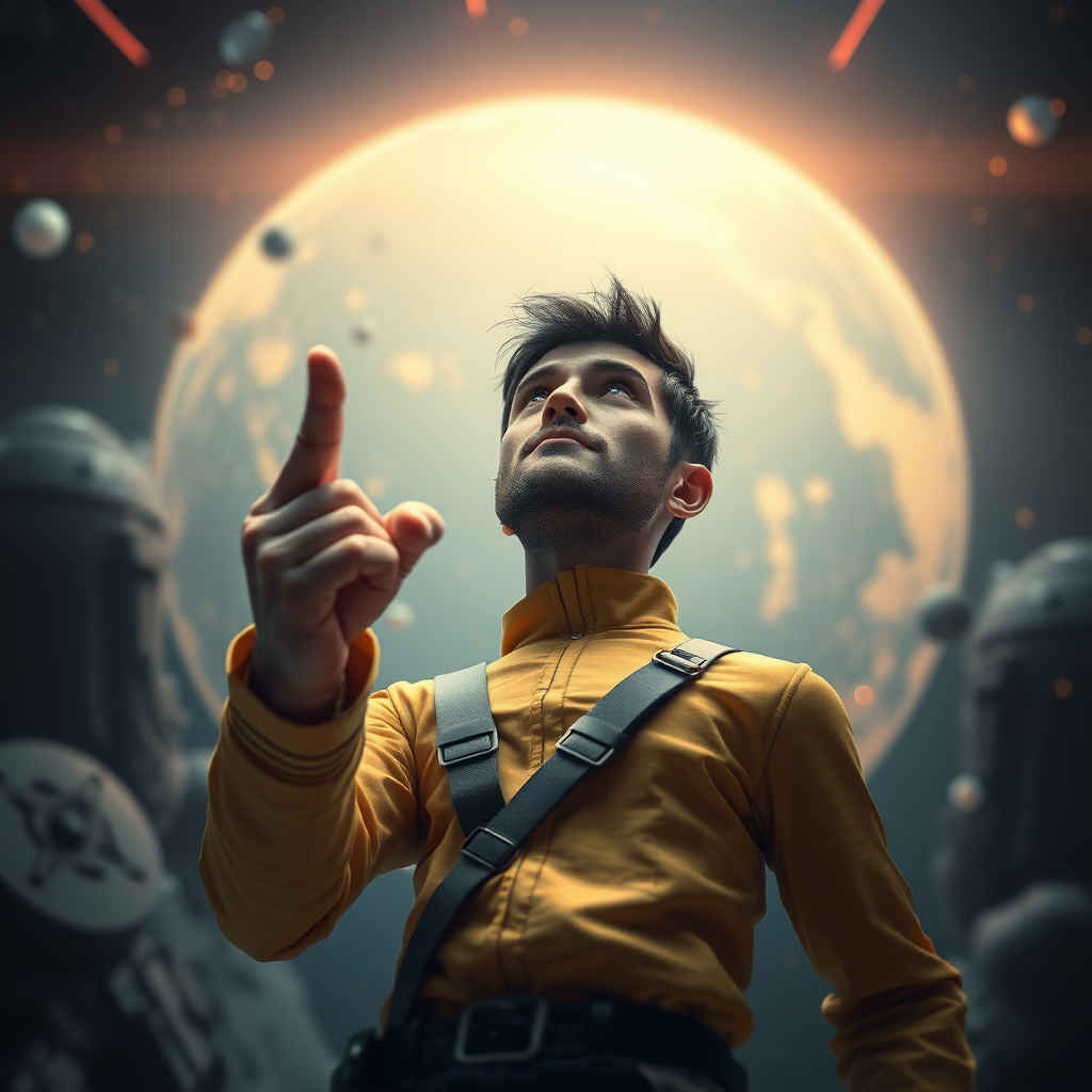 Sci-fi digital art. Tiny man looking up at the viewer and showing middle finger.