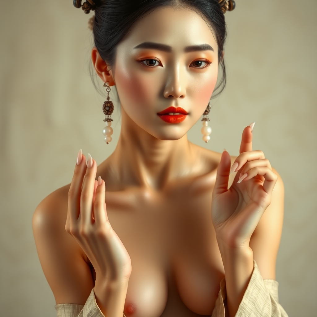 A Chinese ancient woman is wearing silk shoes. On her head is tortoiseshell jewelry. Around her waist is a plain silk strap. She has earrings made of moon pearls. Her fingers are extremely slender and white, just like sharpened scallion roots. Her lips are rosy red, as if she has vermilion on them. Vividly presenting her beauty, elegance, and dignity. The image should be highly realistic, with fine details and lifelike textures. The colors should be natural and vivid, enhancing the overall sense of authenticity. nude.full body.