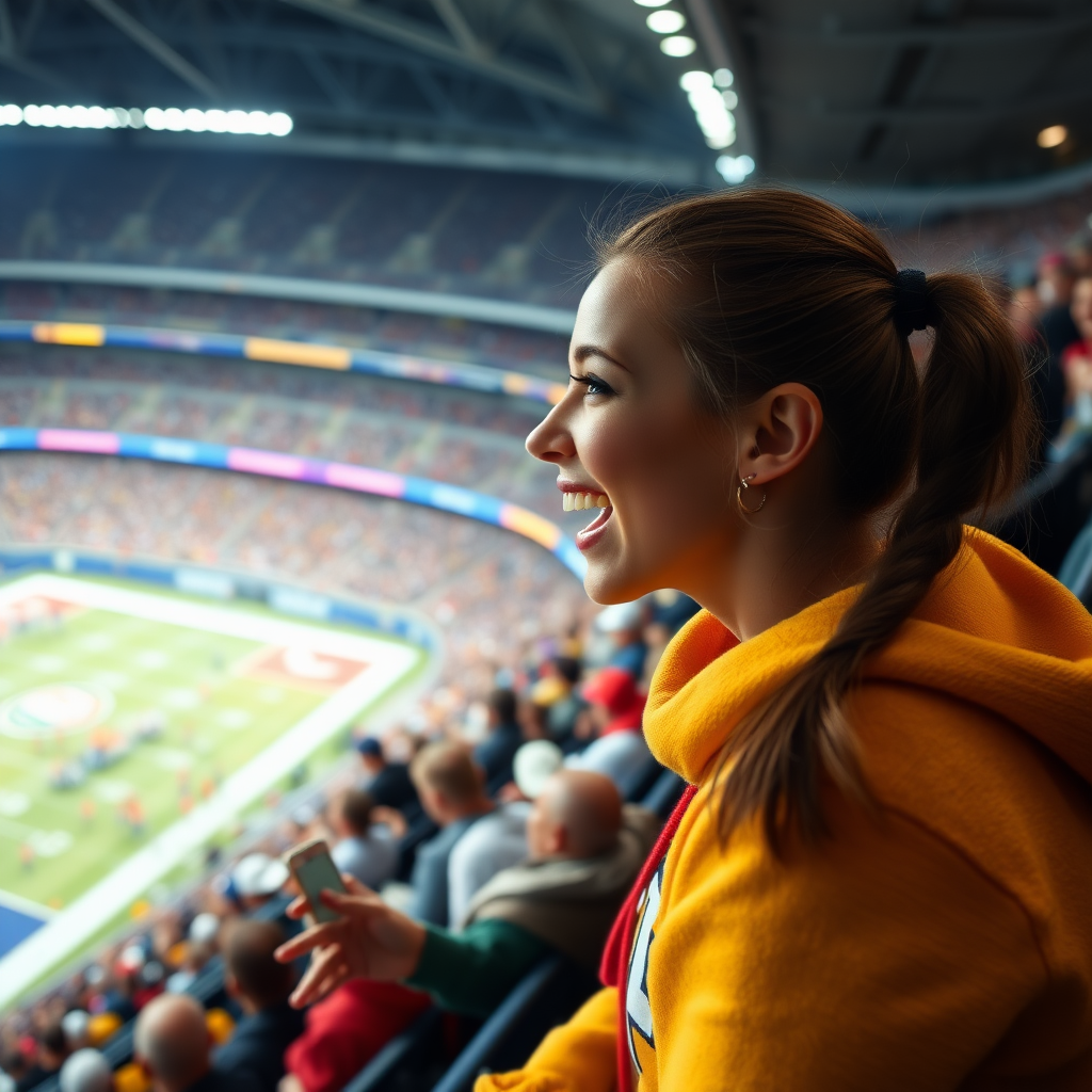 Attractive female NFL fan, pigtail hair, cheering wildly, inside crowded bleachers, NFL stadium