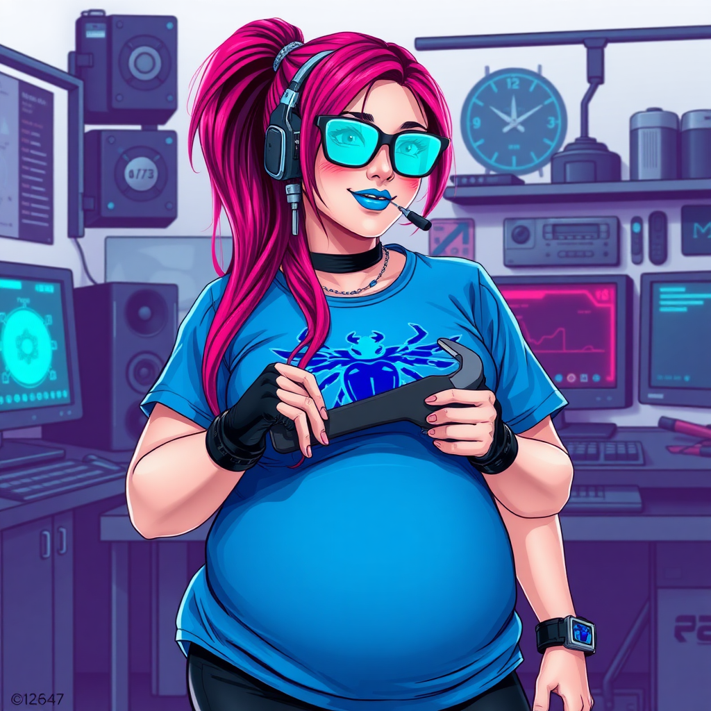 A cyberpunk vigilante’s full-figured intelligent and tech-savvy 29-year-old girlfriend, who is a computer hacker and tech genius. She has a long ruby red ponytail streaked with sky blue. She wears maximum blue lipstick, blue eyes, a sapphire beetle gemstone necklace, sapphire earrings, black eyeglasses, a futuristic holographic wristwatch computer, and an oversized maximum blue t-shirt featuring a neon blue beetle chest emblem. She has a full-figured, well-rounded physique with a prominent, round midsection, reflecting her well-cared-for lifestyle. Her round midsection is broadened and bloated to emphasize her figure. She sports a sapphire headset with a high-tech maximum turquoise lensed HUD, and a shy smile with a neon red blush. She is holding a futuristic hi-tech wrench while standing in her workshop in front of her computer desk and work bench. The background is solid white. She is drawn as if she was in a retro 2D cyberpunk fighting game.