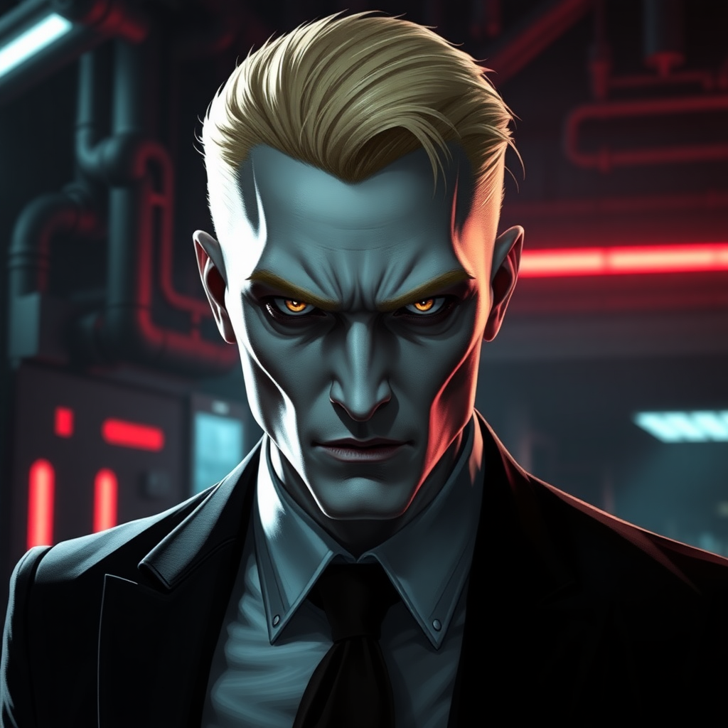 a dark and intense portrayal of the character Jackal from the Red Rising series. He is a cold, calculating figure with white pale skin, sharp features, and a cruel, piercing gaze. His left arm ends at the elbow. His blonde hair is neatly styled, adding to his sense of control and menace. His pupils are golden colored. Jackal should be dressed in sleek, formal attire, hinting at his high status in the Gold society. The background should be an industrial sci-fi, futuristic setting, with dim, metallic tones and glowing red lights, symbolizing the dystopian world he manipulates. His expression should convey both intelligence and ruthlessness, and his body language should exude authority, as if he is always planning his next move. He is 19 years old.