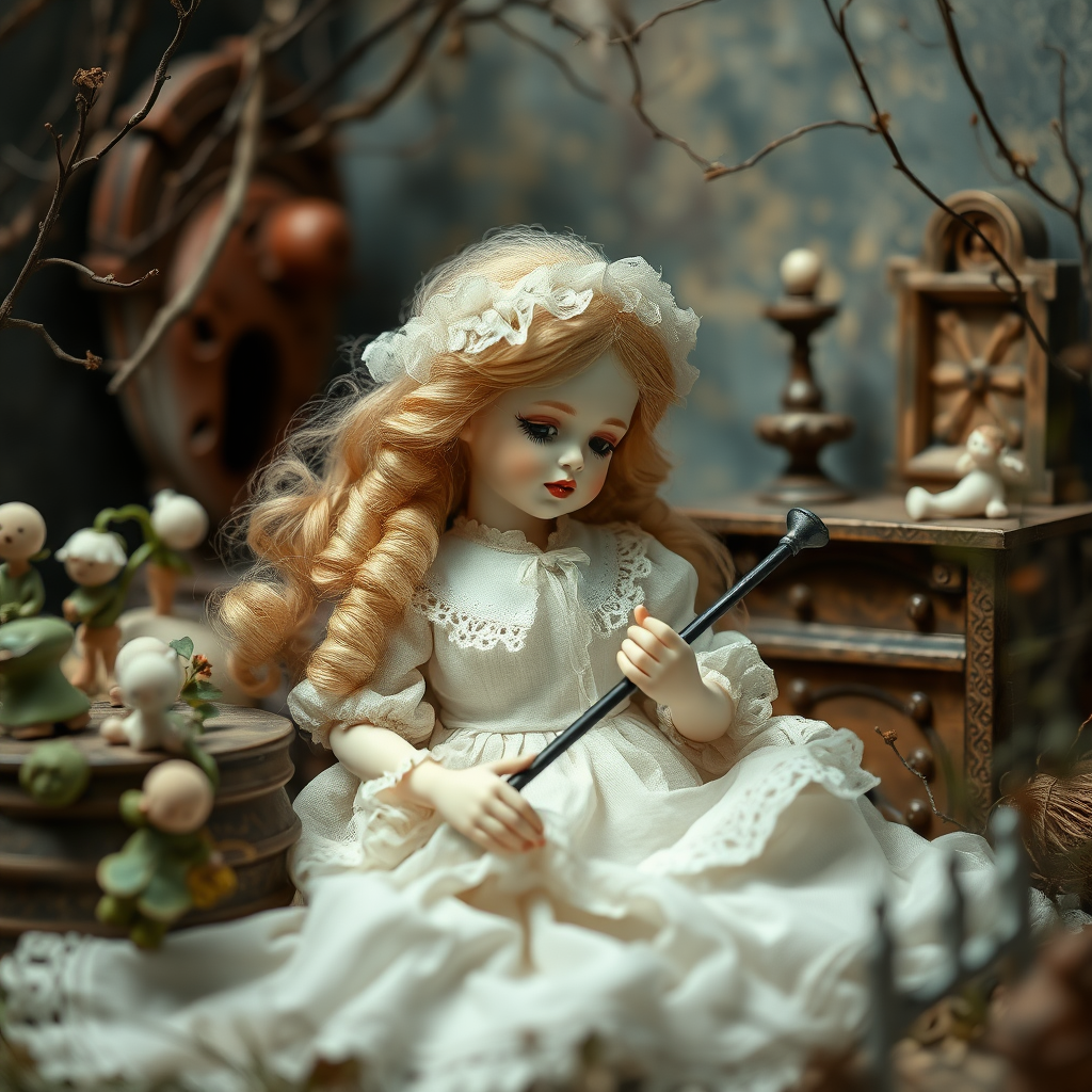 a porcelain doll playing, artists doll, high quality photo, intricate environment, ultra-detailed, impressionistic, dynamic composition, artistic photograph, matte texture