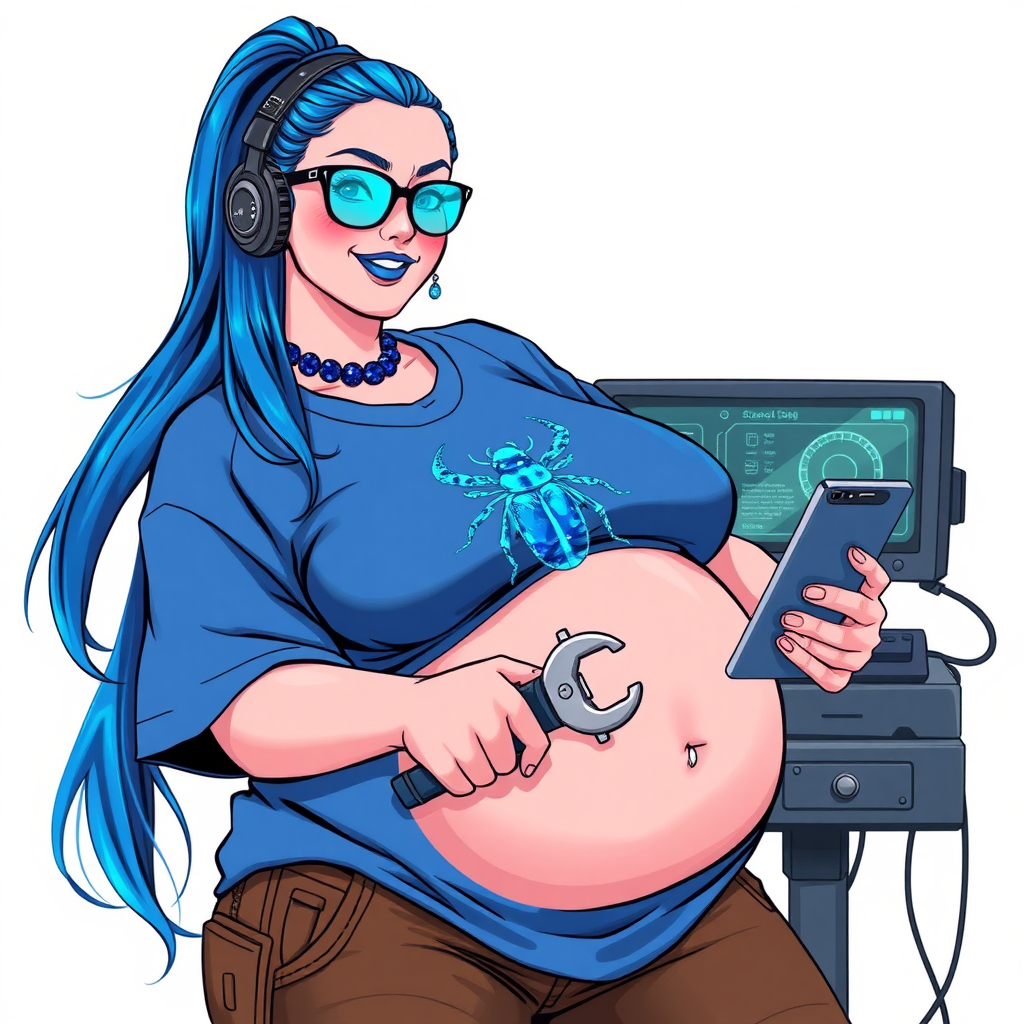 A cyberpunk vigilante’s full-figured intelligent and tech-savvy 28-year-old girlfriend, who is a computer hacker and tech genius. She has a long maximum blue ponytail. She wears maximum blue lipstick, blue eyes, a sapphire beetle gemstone necklace, sapphire earrings, black eyeglasses, and an oversized maximum blue t-shirt featuring a blue sapphire gemstone crusted chest icon of a beetle. She has a full-figured physique with a prominent, massive, round belly, reflecting her well-cared-for lifestyle. She sports a sapphire headset with a hi-tech maximum turquoise lensed HUD, and a shy smile with a neon red blush. She serves as his tech expert from his hideout, diligently working at her workbench and computer desk, while holding an electronic wrench and a holographic computer tablet. The background is solid white. She is drawn as if she was in a retro 2D cyberpunk fighting game. Ensure her maximum blue t-shirt covers her belly.