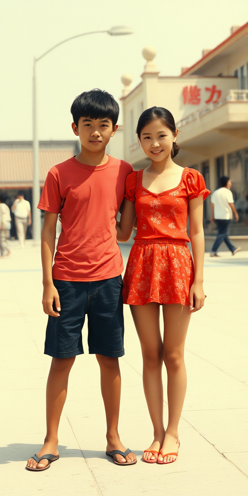 Vintage photo, 1980s. Hot summer. China. Tall 14yo teen boy and girl. Long legs, bare thighs. Full length view.