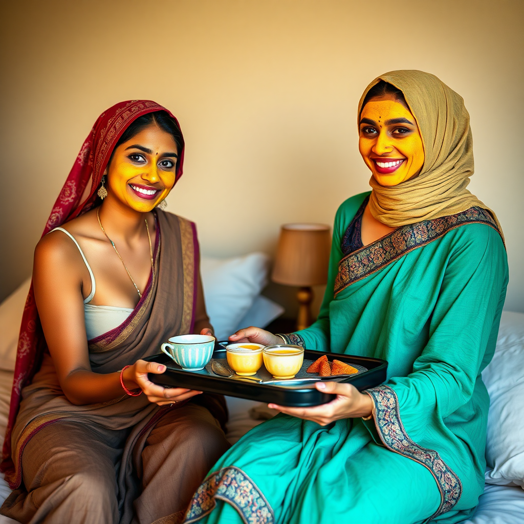 slim, 30 year old, sexy, 2 indian wives, scarf head, turmeric face mask. They are smiling and serving breakfast on a tray on bedside table