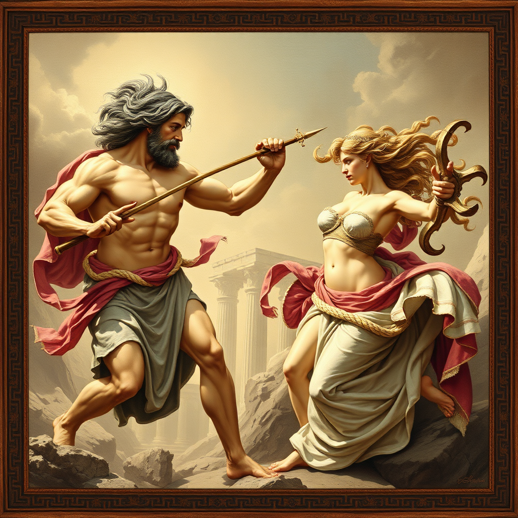 Theseus is fighting with Medusa (woman).