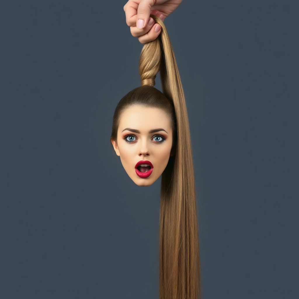 Surreal image of a very long haired woman's beautiful disembodied head hanging by her very long hair. Her very long hair is gathered at the top of her head into a long ponytail that stretches upward into a grasped hand. Plain gray background. She has an aroused expression on her face while biting her lip.