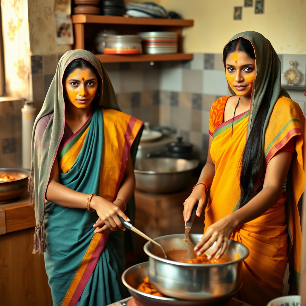 2 slim, 30 year old, Indian maids with long hair coverings. Saree pallu tucked to waist. They are cooking food in kitchen. Their face is covered with turmeric face mask.