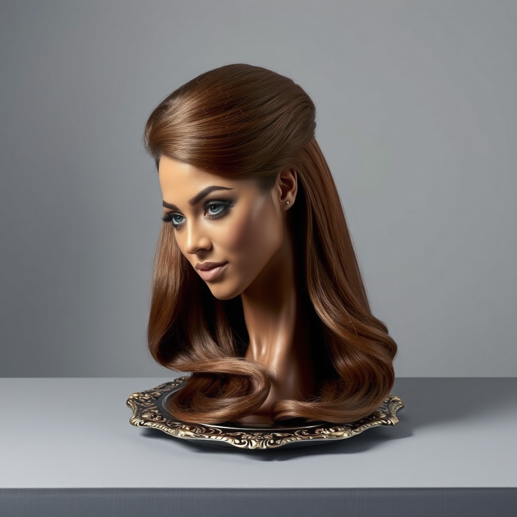 In a surreal and striking scene, the elegantly styled disembodied head of a stunningly beautiful Beyoncé rests gracefully on an ornate, luxurious plate, which is carefully placed on a simple, understated table. Her very long, flowing hair cascades like a rich waterfall of silky, rich brown locks, framing her exquisite face and accentuating her radiant, flawlessly glowing skin. The delicate contours of her chin rest lightly against the polished surface of the plate, lending an unexpected intimacy to the bizarre presentation. 

The background is a muted, plain gray, casting an air of modern minimalism that contrasts dramatically with the lavishness of her appearance. Soft shadows play across her features, highlighting the subtle high cheekbones and perfectly shaped lips, which seem poised for a soft smile. The atmosphere feels both elegant and eerie, inviting intrigue and contemplation as viewers are drawn into this surreal artistic tableau, where beauty and the absurd collide in unexpected harmony.