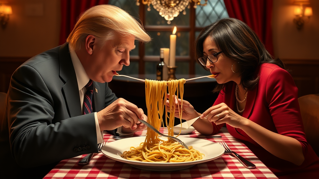 Photoreal style. ratio: 16:9. Donald Trump and Kamala Harris eating in an Italian restaurant a la the one in 'Lady and the Tramp.' Checkered tablecloth, Chianti bottle used as a candle holder. Both humans are eating spaghetti from one shared plate with their hands, and end up eating the same long piece of spaghetti, making their heads very close.