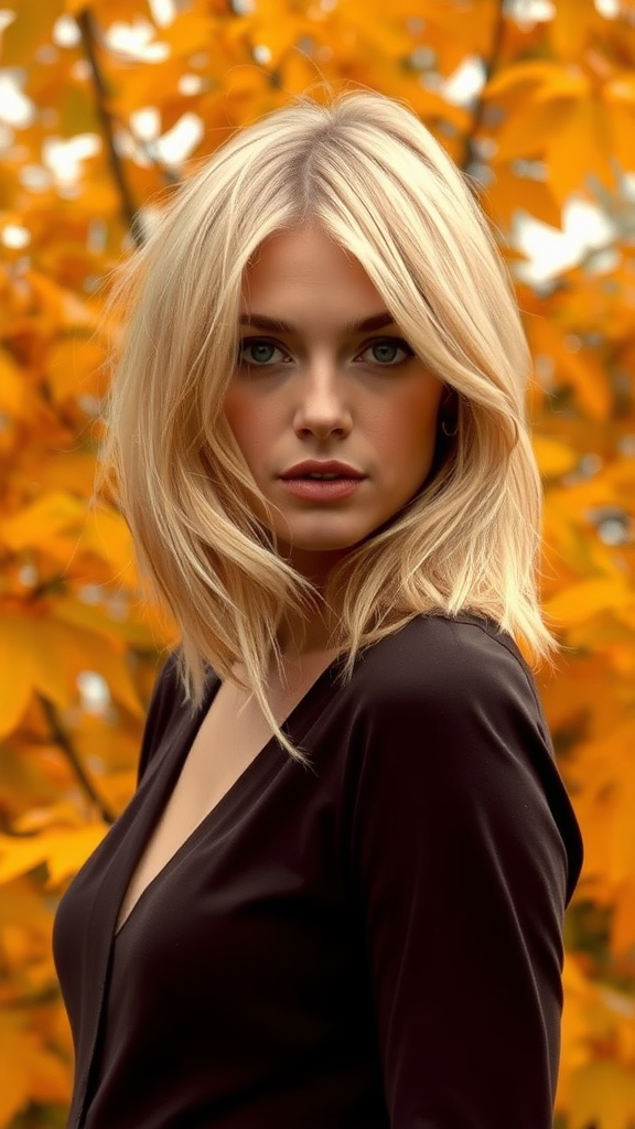 Kate Moss with layered blonde French bob hair, against a backdrop of autumn horse chestnut foliage, in high definition.