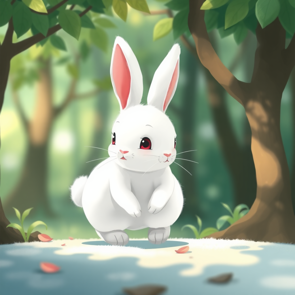 In a distant and beautiful forest, there lived a little rabbit named Guai Guai. Guai Guai had snow-white fur, ruby-like eyes, and a pair of long, soft ears. Every day, it happily hopped around the forest.