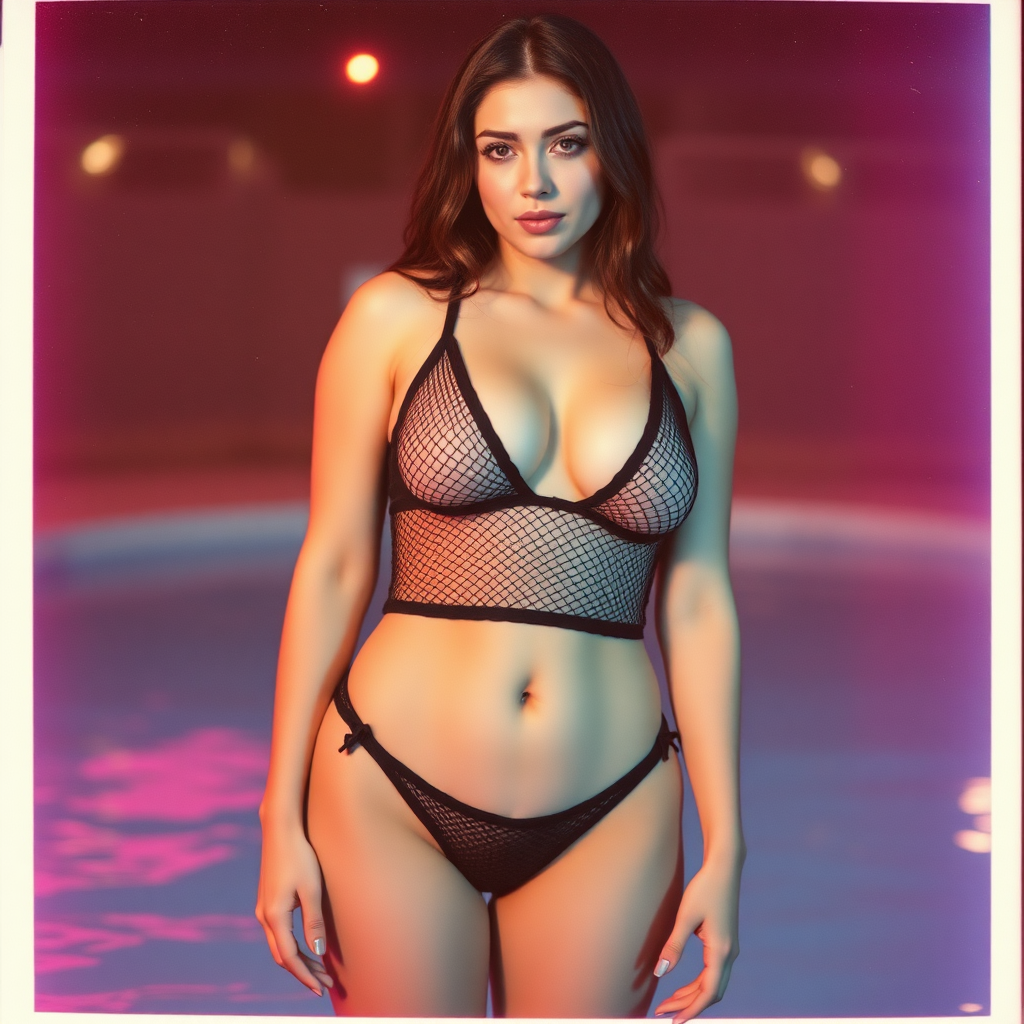 old polaroid photo with heavy vignetting and pink and blue artistic studio lighting color tint and light leak, depicting a sexy curvy thicc amateur girl with eye makeup, wearing a tiny revealing black see thru mesh two piece bikini gstring thong with a small outline of her labia and nipples visible, standing in a pool, no airbrushing, skin texture