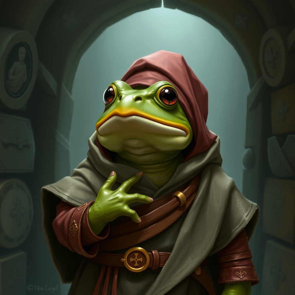 Anthropomorphic frog in a medieval setting and clothing