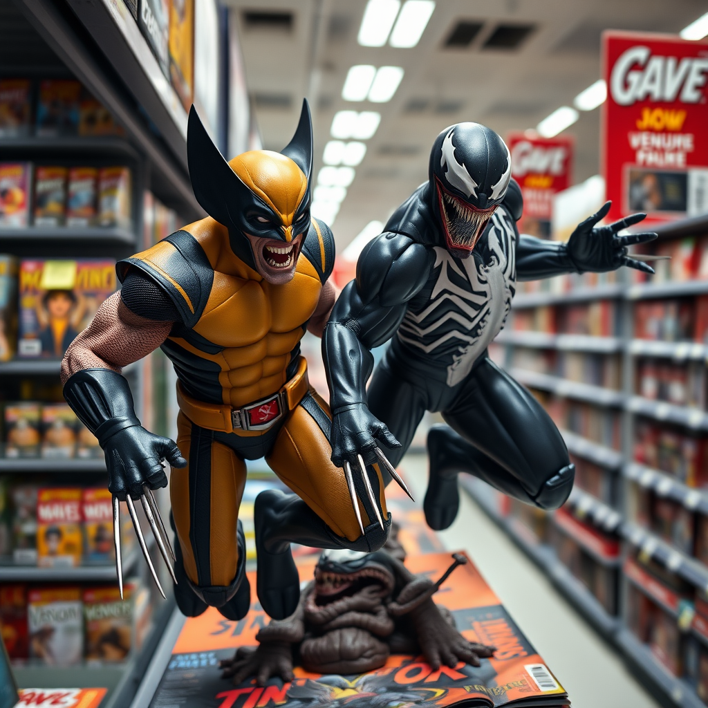 Jumping out of a Comic book cover on a store shelf is Wolverine and Venom with in Cinematic Real3D photo-realistic quality.