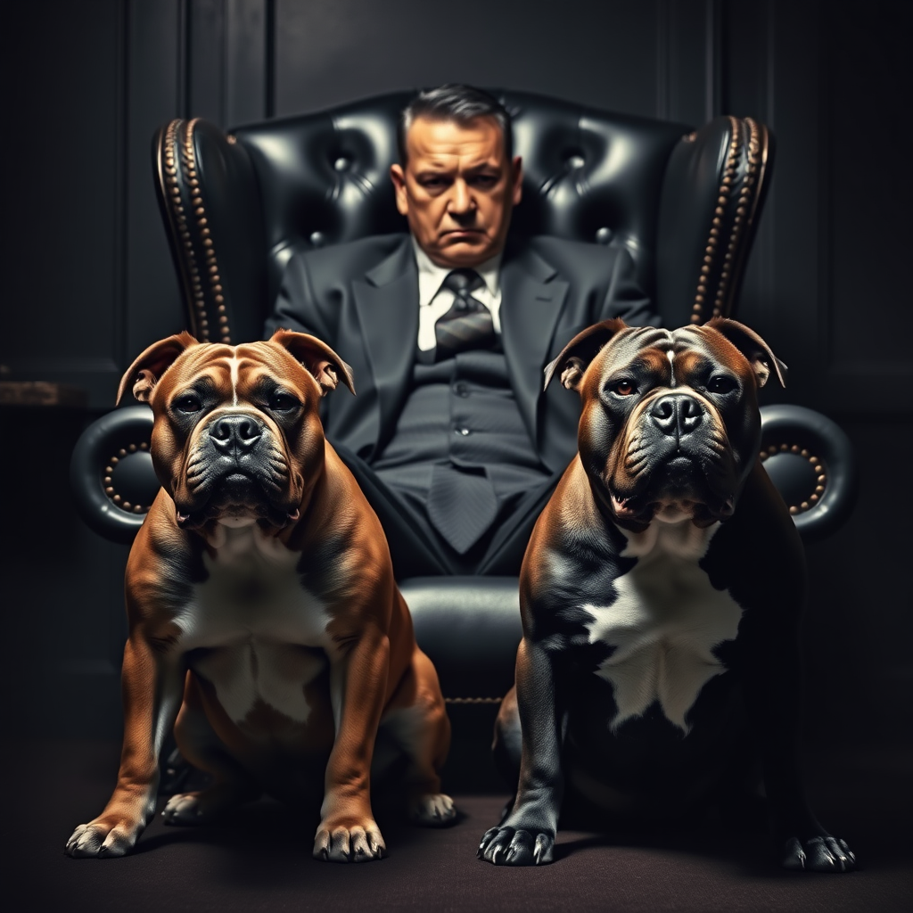 Two pit bulls are sitting at his feet. The mafia boss is glaring straight ahead. The mafia boss is sitting in a black, luxurious chair. The image has a dim atmosphere.