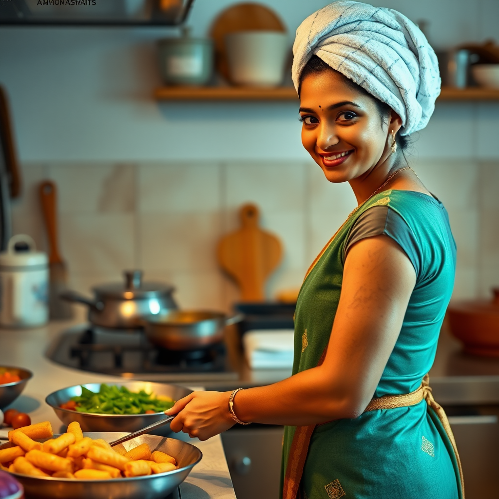 slim, 35 year old, traditional indian wife, towel head, cooking food in kitchen