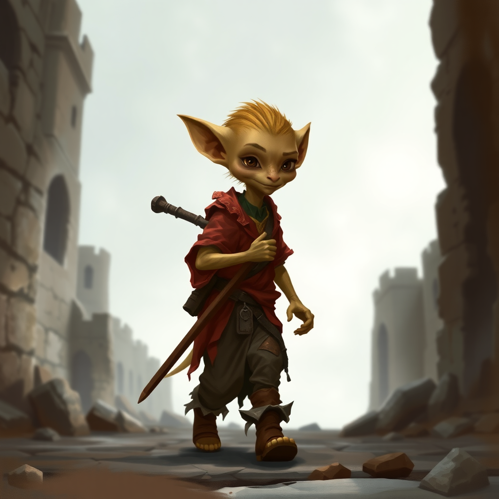 A small, skinny, light brown kobold in a tattered red tunic and dirty brown pants wearing a quarterstaff on his back as he walks through a ruined castle.