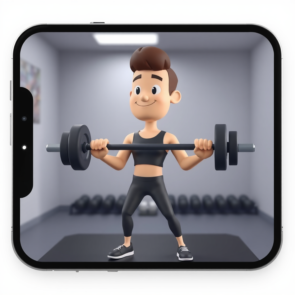 this scene is a render in a trendy app. it shows a render of a modern looking low-poly and stylized avatar working out doing barbell curls. the setting should look sleek and not detract from the avatar or the movement