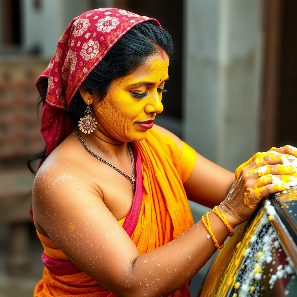 slim, curvy, traditional 30 year old Indian maid with hair covering, her face is covered with turmeric mask and body is covered with soap lather. she is washing a car