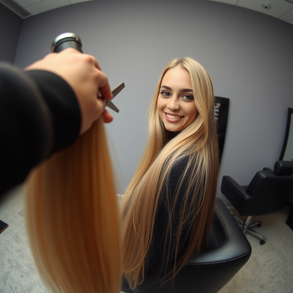 POV, beautiful very long haired blonde woman sitting in a hair salon smiling at the camera while I reach out from behind the camera to trim her very long hair. Plain gray background.