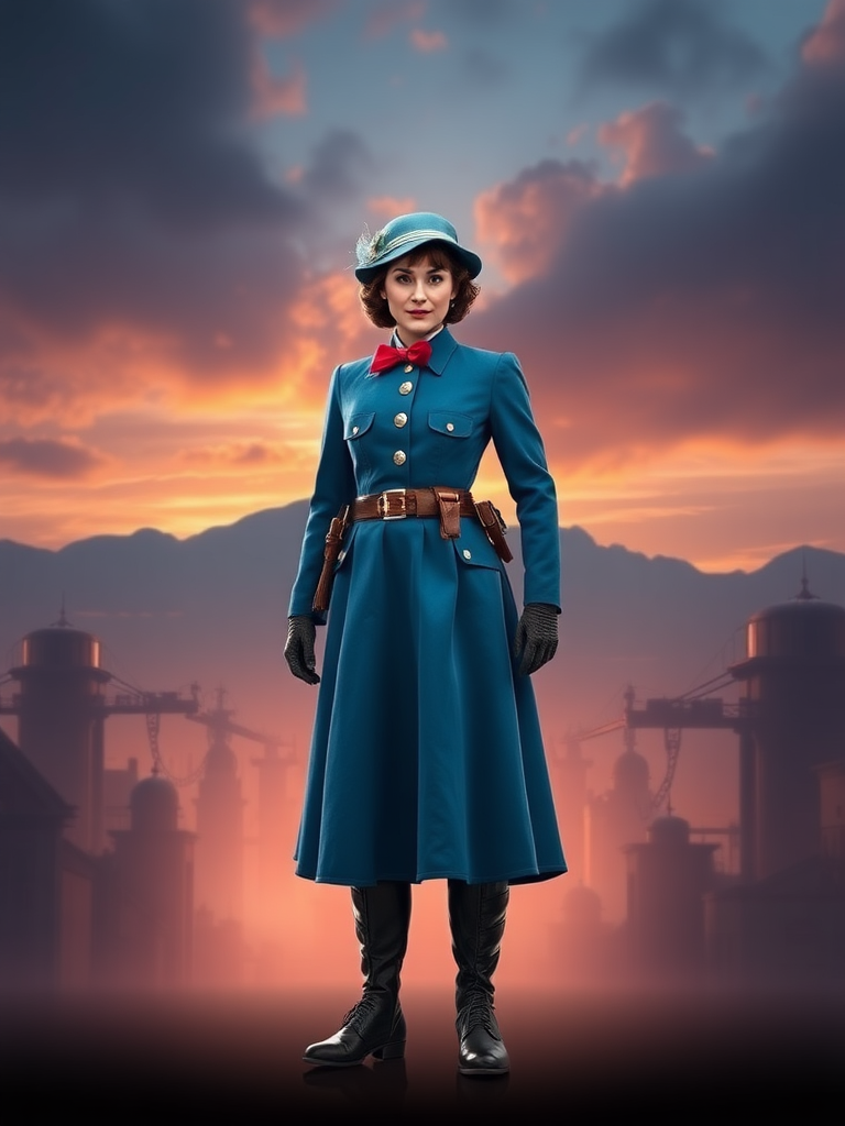 Create a full-length rendered image of Mary Poppins, using Steve Rogers' male figure for the body. Retain Mary Poppins' head, hairstyle, and facial features. Incorporate her iconic costume while adding embellishments inspired by Captain America's uniform. Adjust the costume to fit Steve Rogers' proportions. Design a background that harmoniously combines elements from both characters, emphasizing their unique worlds and styles. Ensure the image captures the whimsical charm of Mary Poppins alongside the heroic essence of Steve Rogers, merging their characteristics into a cohesive and striking new portrayal.