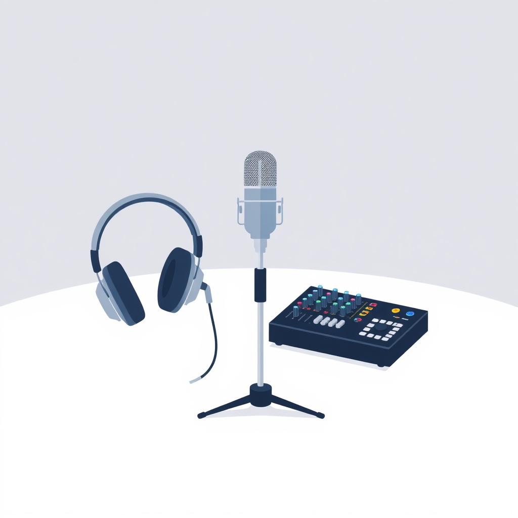 A minimalist, flat design illustration of a podcast setup. The image should include a microphone on a stand, headphones, and a sound mixer on a simple desk or tabletop. The background should be a plain, neutral color like white, gray, or light blue. The overall style should be clean, modern, and visually appealing as a generic stock image for podcasting.