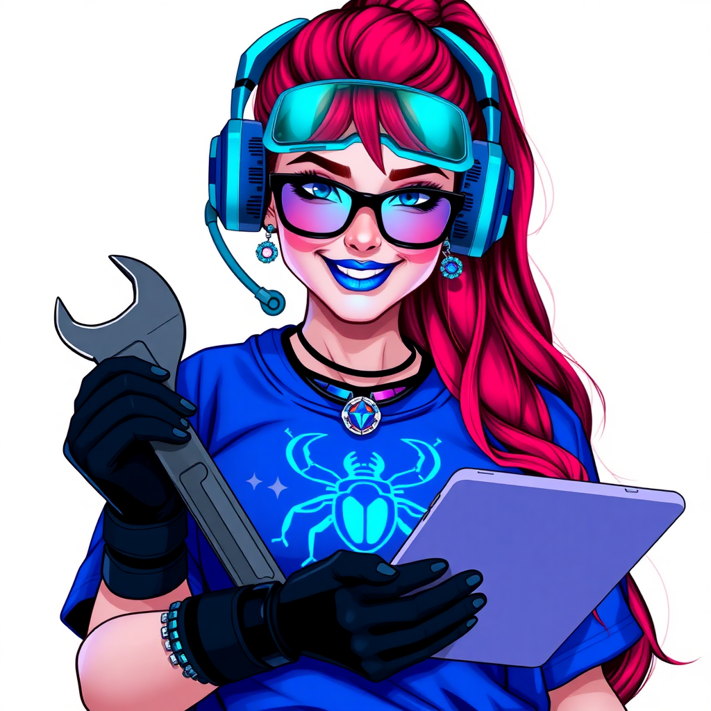 An intelligent and tech-savvy 29-year-old computer hacker and tech genius. She has a long ruby red ponytail. She wears maximum blue lipstick, blue eyes, a sapphire beetle gemstone necklace, sapphire earrings, black eyeglasses, hi-tech power gloves, and an oversized maximum blue t-shirt featuring a neon blue glowing beetle chest icon. She has a gargantuan full-figured physique with a prominent round gargantuan midsection, reflecting her well-cared-for lifestyle. She sports a sapphire headset with a hi-tech maximum turquoise lensed HUD, and a beaming smile accentuated by a passionate neon red blush. She serves as his tech expert from his hideout, holding a futuristic tool wrench and a futuristic digital tablet. The background is solid white. She is drawn as if she was in a retro 2D cyberpunk fighting game.